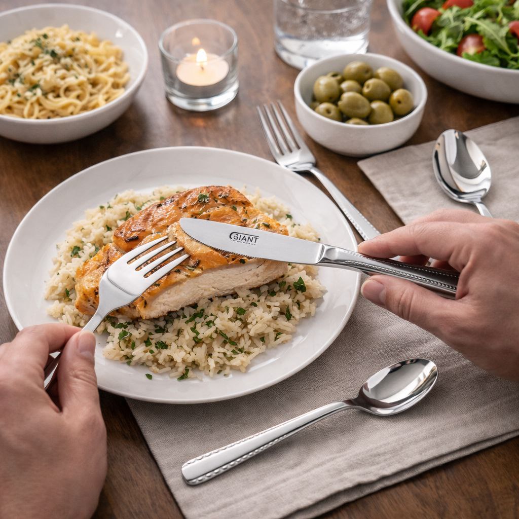 طقم معالق وشوك وسكاكين استانلس ستيل تركي 24 قطعة باللون الفضي