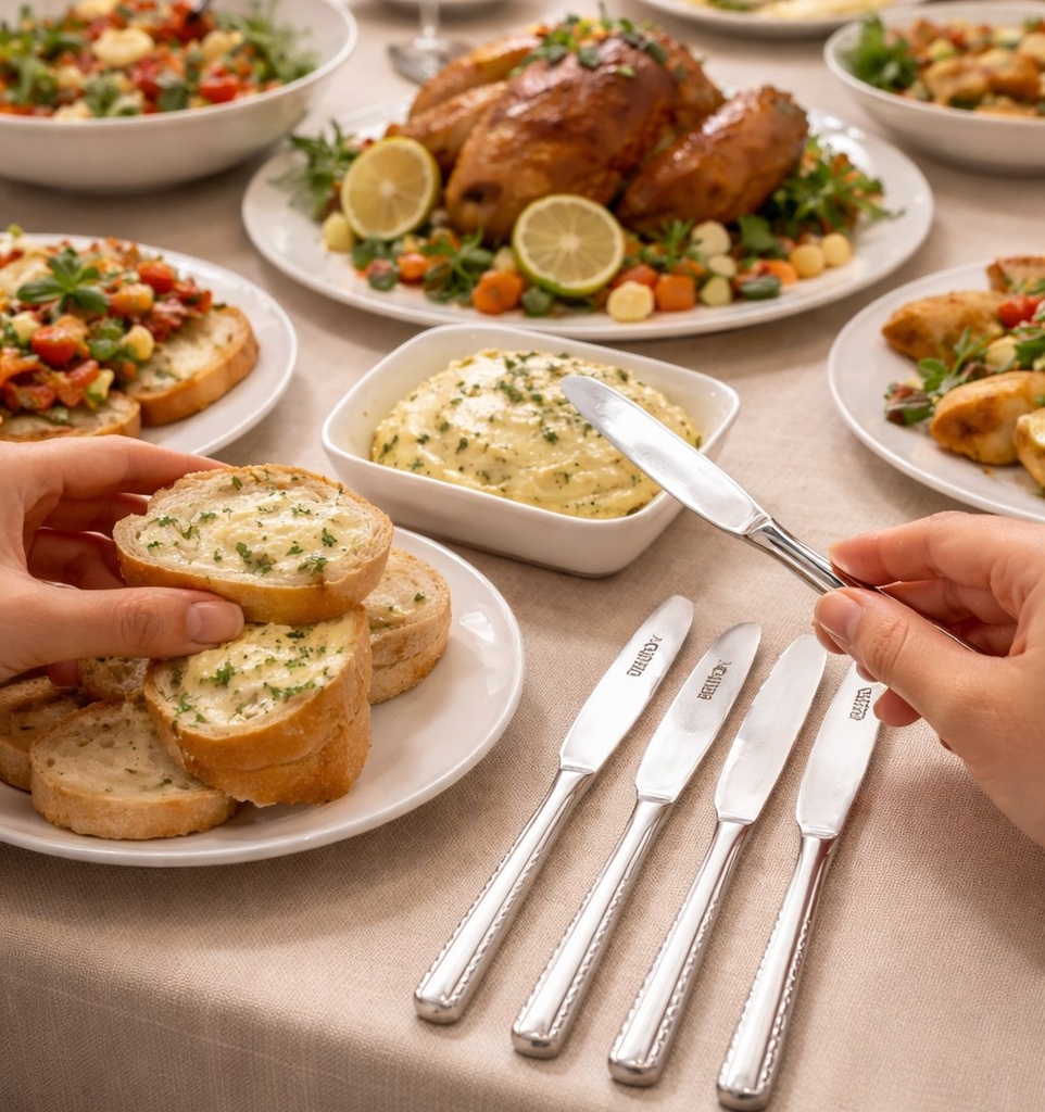 طقم سكاكين عشاء استانلس ستيل تركي باللون الفضي بمقبض مزخرف 12 قطعة