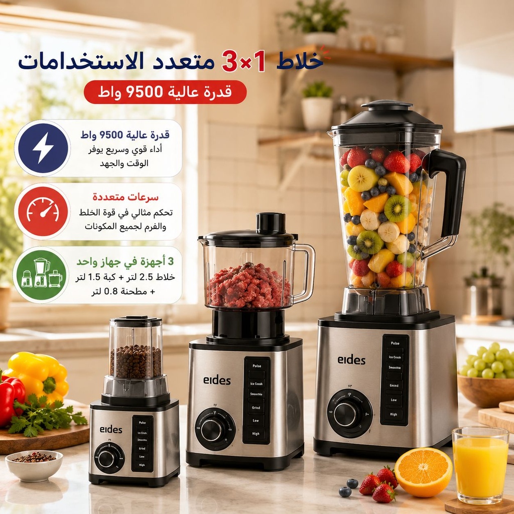 خلاط 3 * 1 مع كبة ومطحنة توابل متعدد السرعات من بقدرة 9500 واط
