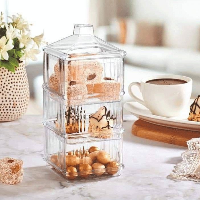 بونبونيرة 3 دور لتقديم الكاندي والمكسرات قابلة للفصل بغطاء للحفاظ علي المحتويات