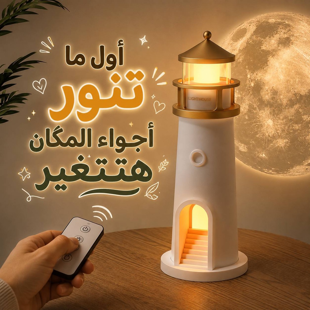 أباجورة بتصميم منارة لعرض القمر بإضاءة ليد مع ريموت للتحكم عن بعد