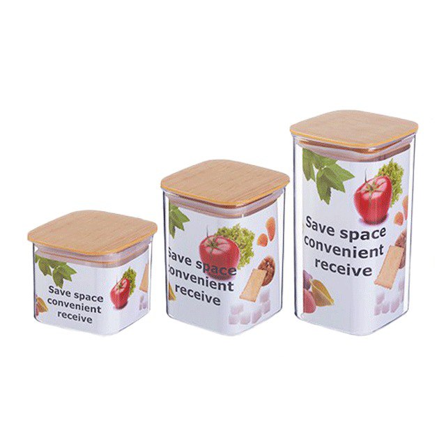 طقم علب اكليريك 3 قطع بمقاسات مختلفة لحفظ وتخزين الارز والحبوب والبقوليات بغطاء شكل خشبي محكم الغلق