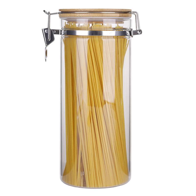 برطمان زجاج 1500 ملي بغطاء خشب بقفل لحفظ وتنظيم التوابل والبقوليات والاسباجيتي