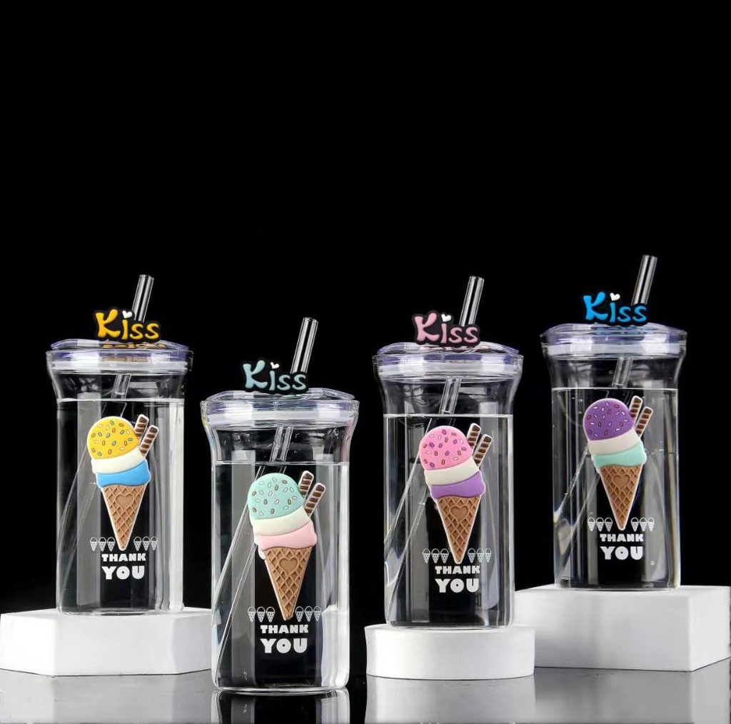 Glass Mug with Lid and Straw Decorated by Ice Cream 3D Drawings 500 ml