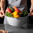 مصفي استانليس ستيل بطبق بلاستيك لغسيل الخضروات والفواكه بيد لسهولة الحمل