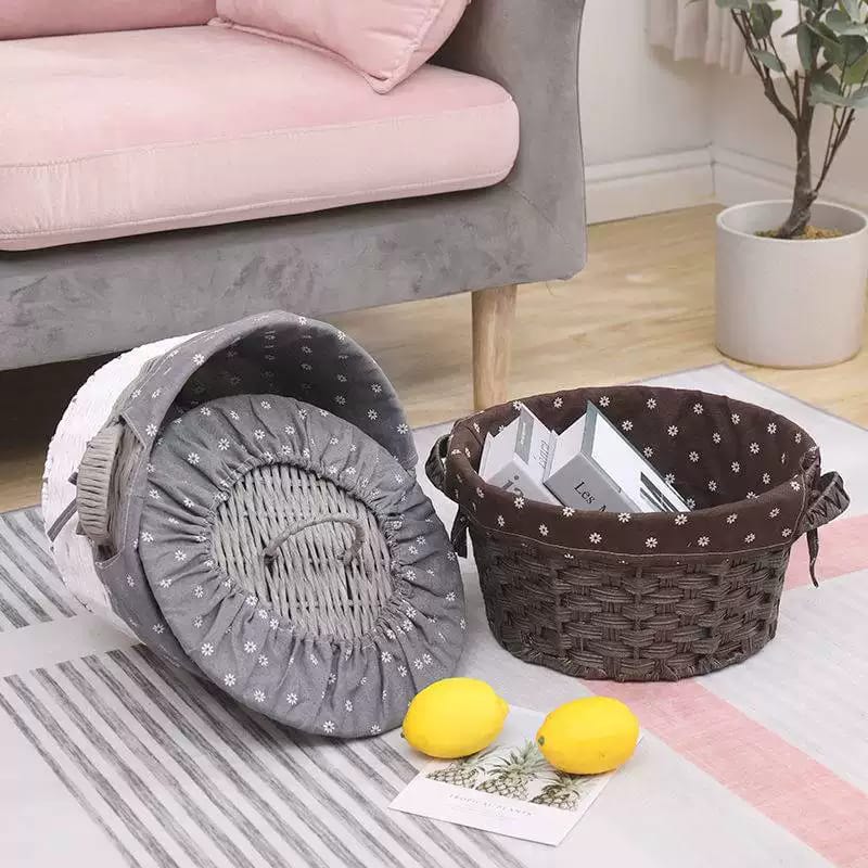 باسكت خوص دائري ببطانة كتان لحمل وتنظيم الملابس ولعب الأطفال بغطاء لحماية المحتويات من الأتربة ويد