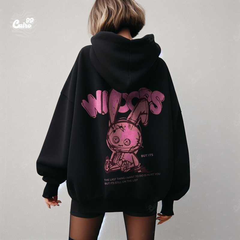 Woops هودي اوفر سايز قطن  باللون الأسود