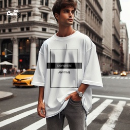 Anywhere Anytime تيشيرت اوفر سايز قطن باللون الابيض للرجال