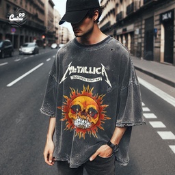 Flaming Skull تيشيرت اوفر سايز قطن باللون الرمادي للرجال