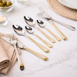 [HH00019386] طقم معالق وشوك وسكاكين استانليس ستيل 24 قطعة بمقبض بحواف جولد أنيقة