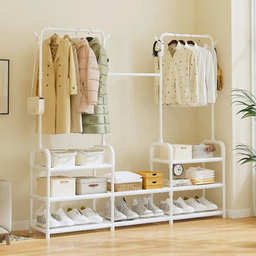 ستاند ملابس مزدوج ب 4 ارفف لتنظيم الاحذية ومزود ب 4 هوك جانبية لتعليق الشنط