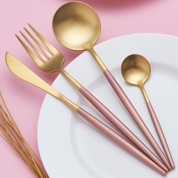 [HH00002076] طقم معالق وشوك وسكاكين 24 قطعة جولد بمقبض بينك أنيق