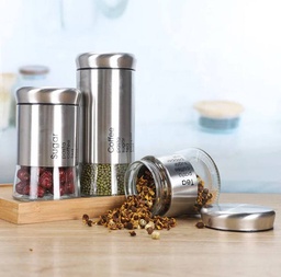 [HH00004526] طقم توابل 3 قطع بمقاسات مختلفة لحفظ وتنظيم الفلفل والملح والشطة من الزجاج والاستانليس