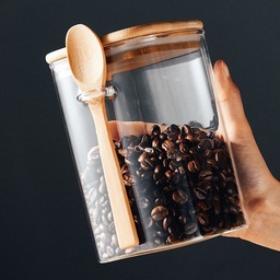 [HH00004890] برطمان زجاج 1 لتر غطاء خشب ومعلقة لحفظ البقوليات والكورن فليكس والمكسرات ‏