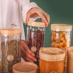[HH00006524] طقم علب اكليريك 9 قطع بمقاسات مختلفة لحفظ وتخزين الحبوب البقوليات والتوابل بغطاء شكل خشبي ومعالق لسهولة الأستخدام