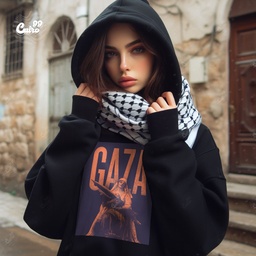GAZA هودي اوفر سايز قطن باللون الأسود