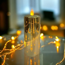 [HH00010422] شمعة ليد مضيئة بدون لهب مزينة بفوانيس وهلال لديكور رمضاني مميز