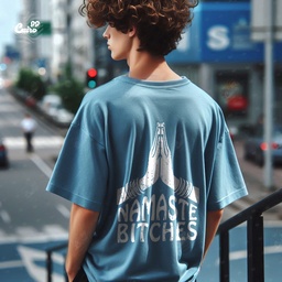 Namaste Bitches  تيشيرت اوفر سايز قطن باللون الازرق للرجال