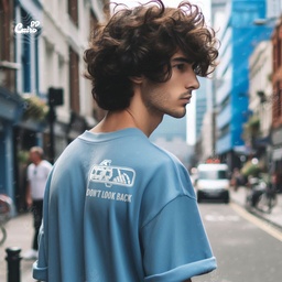 Don't Look Back تيشيرت اوفر سايز قطن باللون الازرق