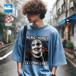 More Money Less Friends تيشيرت اوفر سايز قطن باللون الازرق