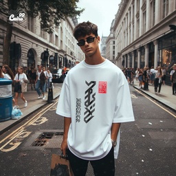 Japanese Print تيشيرت اوفر سايز قطن باللون الابيض