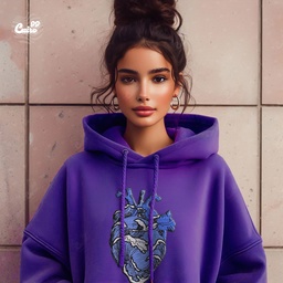 Blue Heart هودي اوفر سايز قطن للنساء باللون الموف