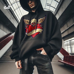 Love Wings هودي اوفر سايز قطن للرجال باللون الأسود
