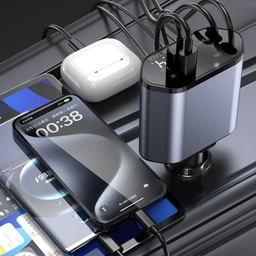 [HH00016002] شاحن سيارة سريع للموبايلات 4*1 بكابلات قابلة للسحب ومنفذ يو اس بي - 120 واط